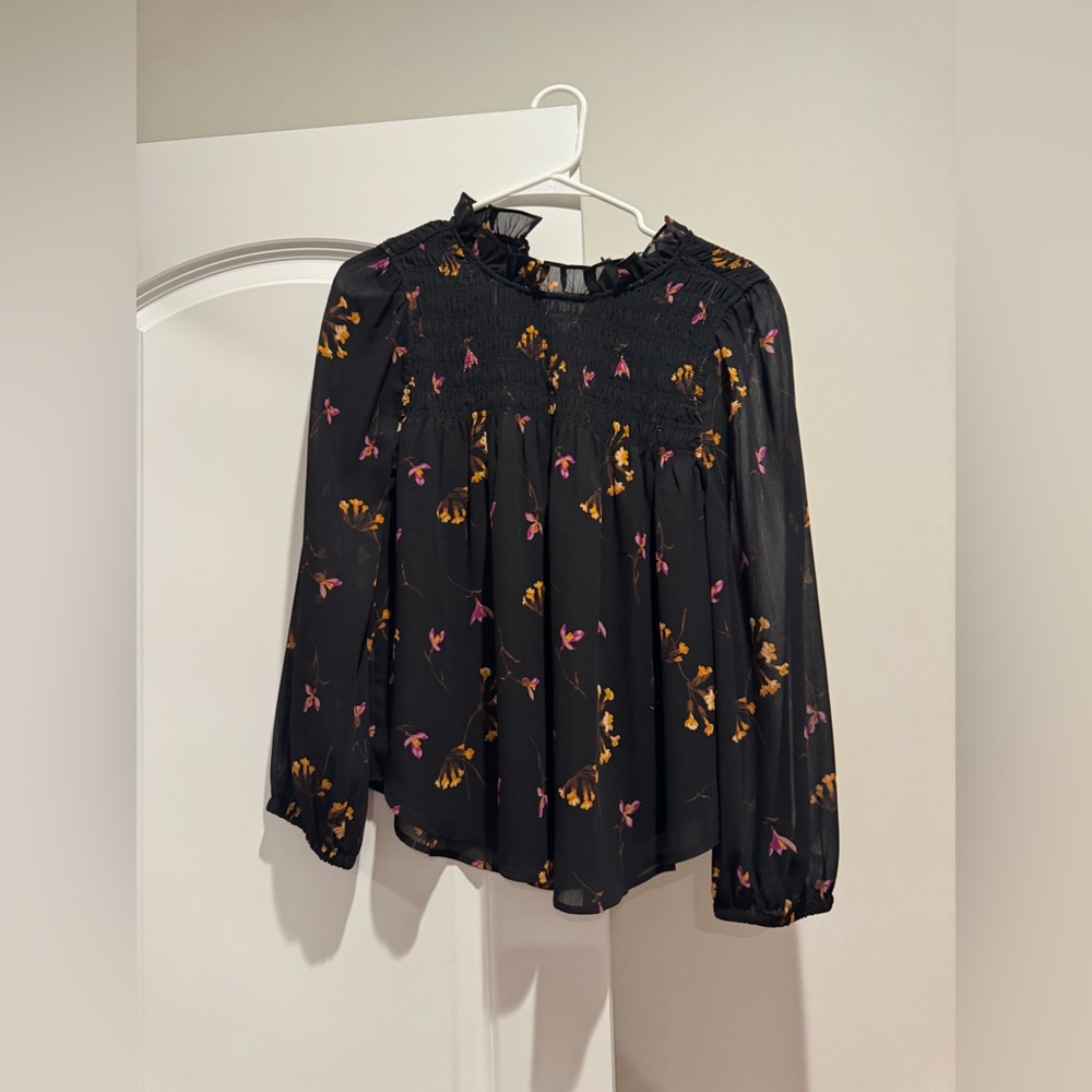Madewell Georgette Ruffle-Collar Smocked Top in Falling Freesias